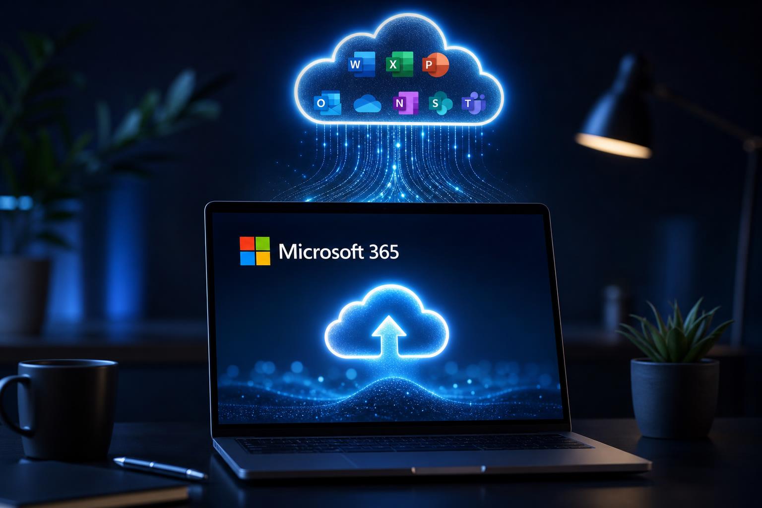 Laptop displaying the Microsoft 365 logo with a glowing cloud icon, illustrating third-party cloud backup for Microsoft 365 data