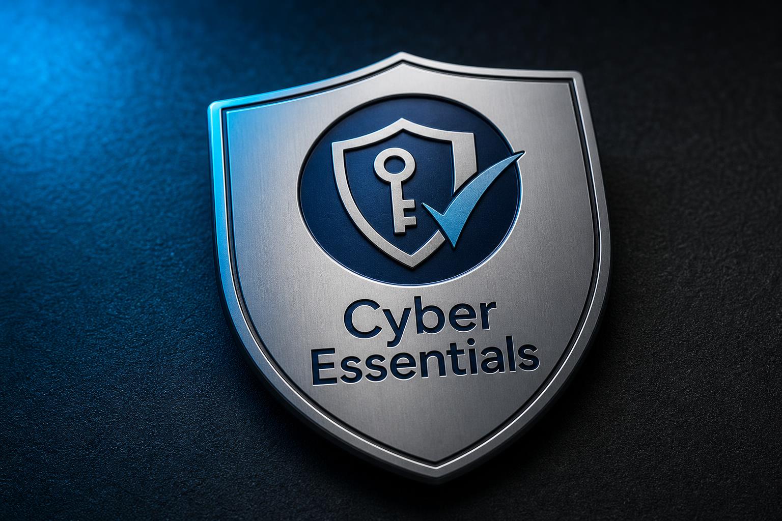 Cyber Essentials style shield badge on a dark surface with blue accent lighting, representing UK cyber security certification