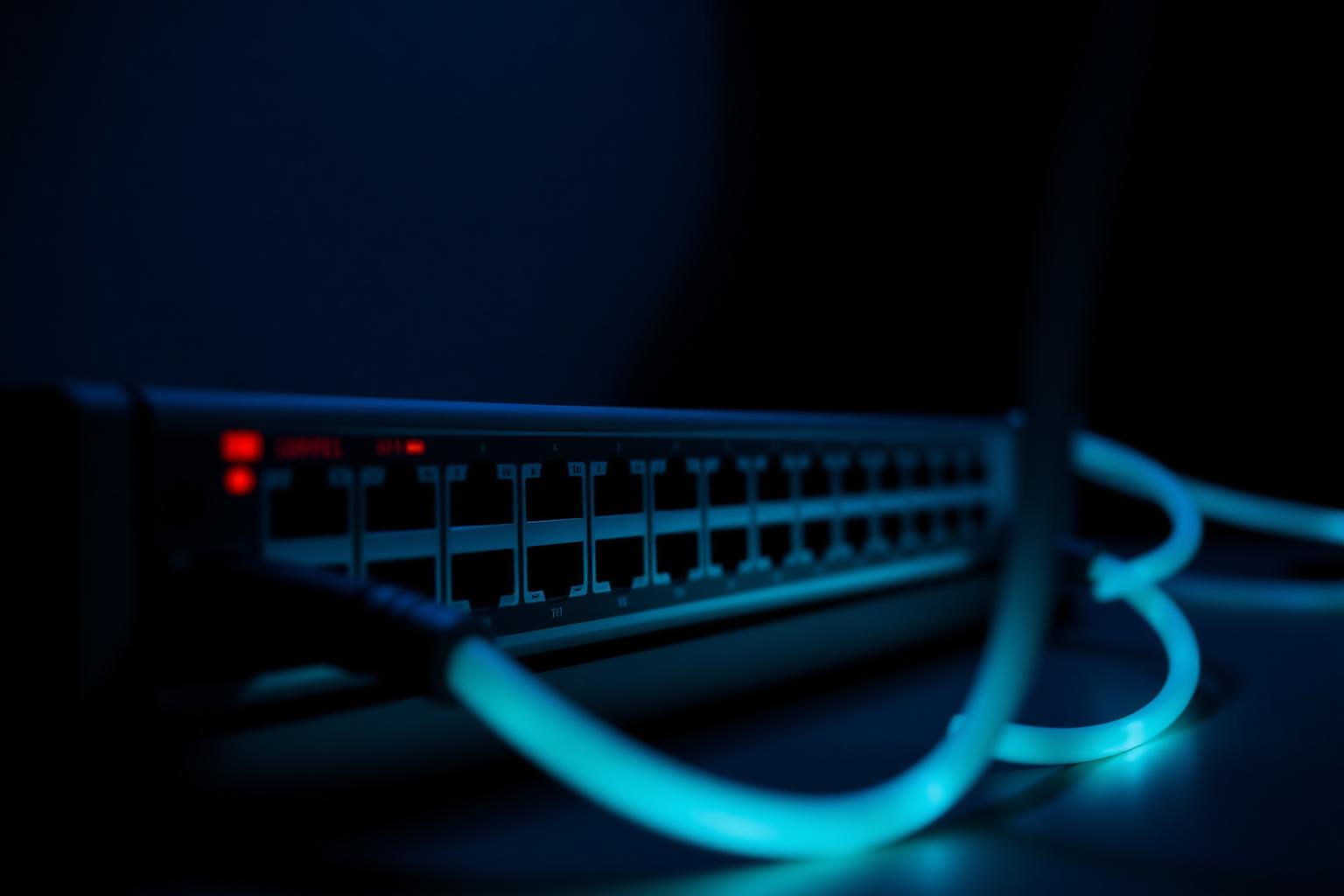 Network switch with glowing cyan patch cables in a dark server cabinet, representing device availability and connectivity alerts