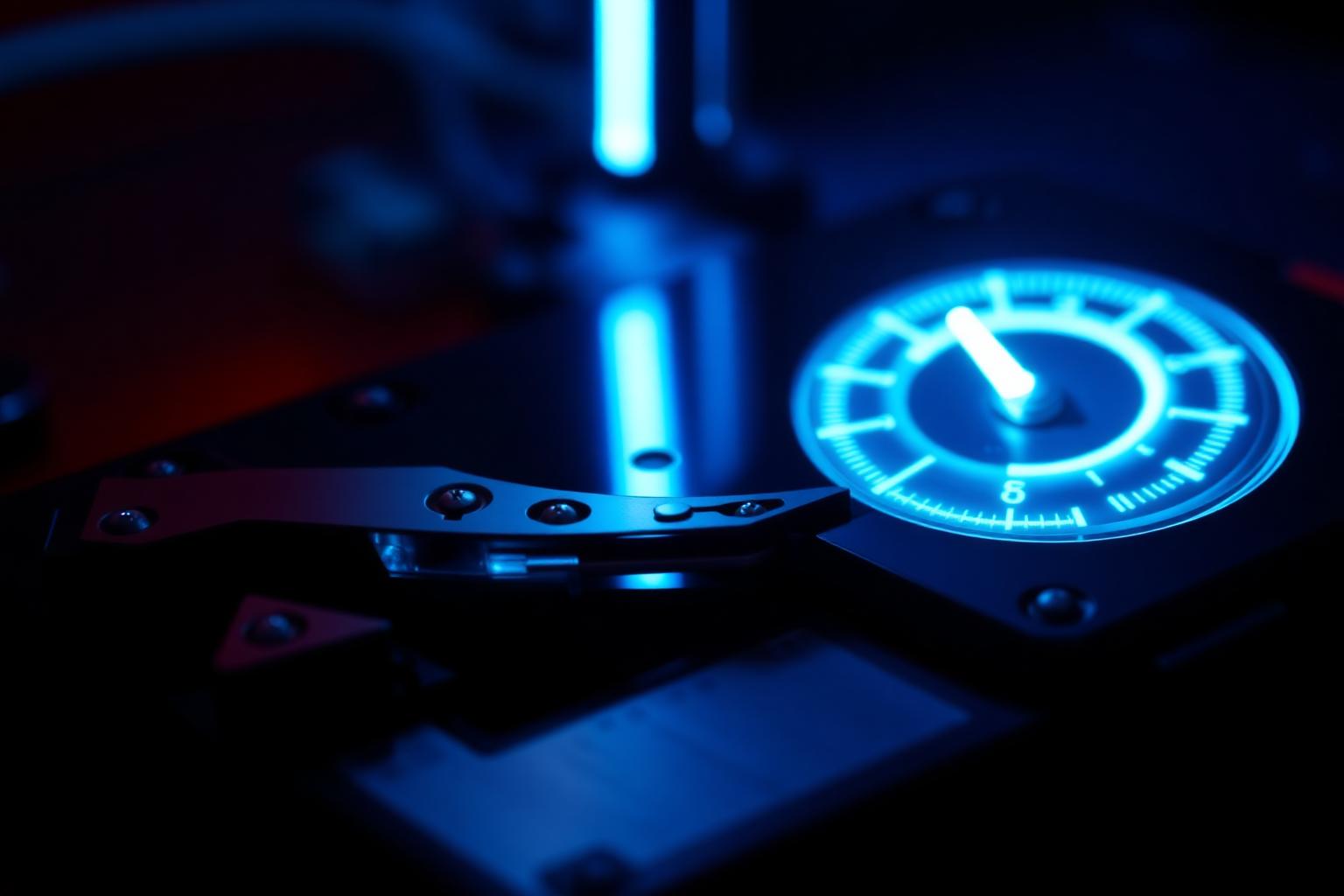 Hard drive with a glowing blue capacity gauge close to full, representing low disk space alerts on a Windows PC