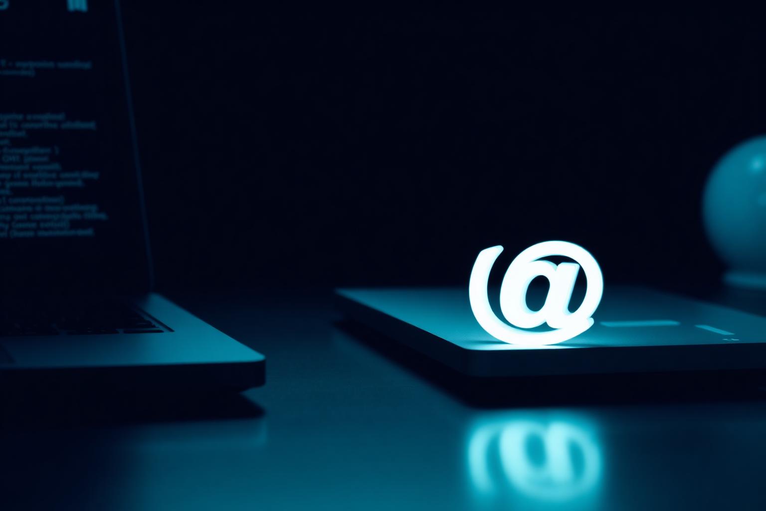 Glowing @ symbol on a dark desk beside a laptop, representing migration from personal email to a business domain