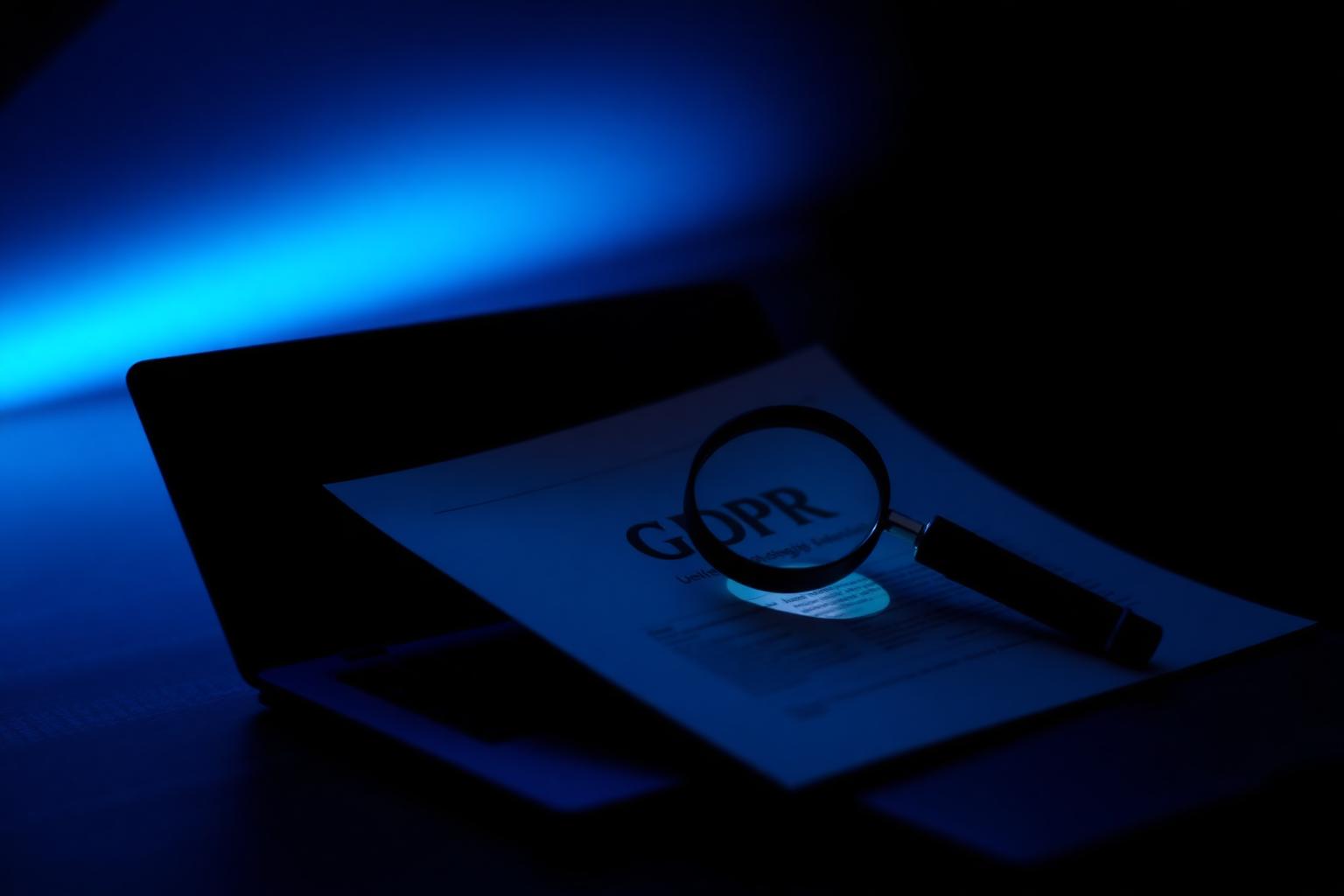Magnifying glass over a GDPR document beside a laptop in blue lighting, representing UK data protection basics for small organisations