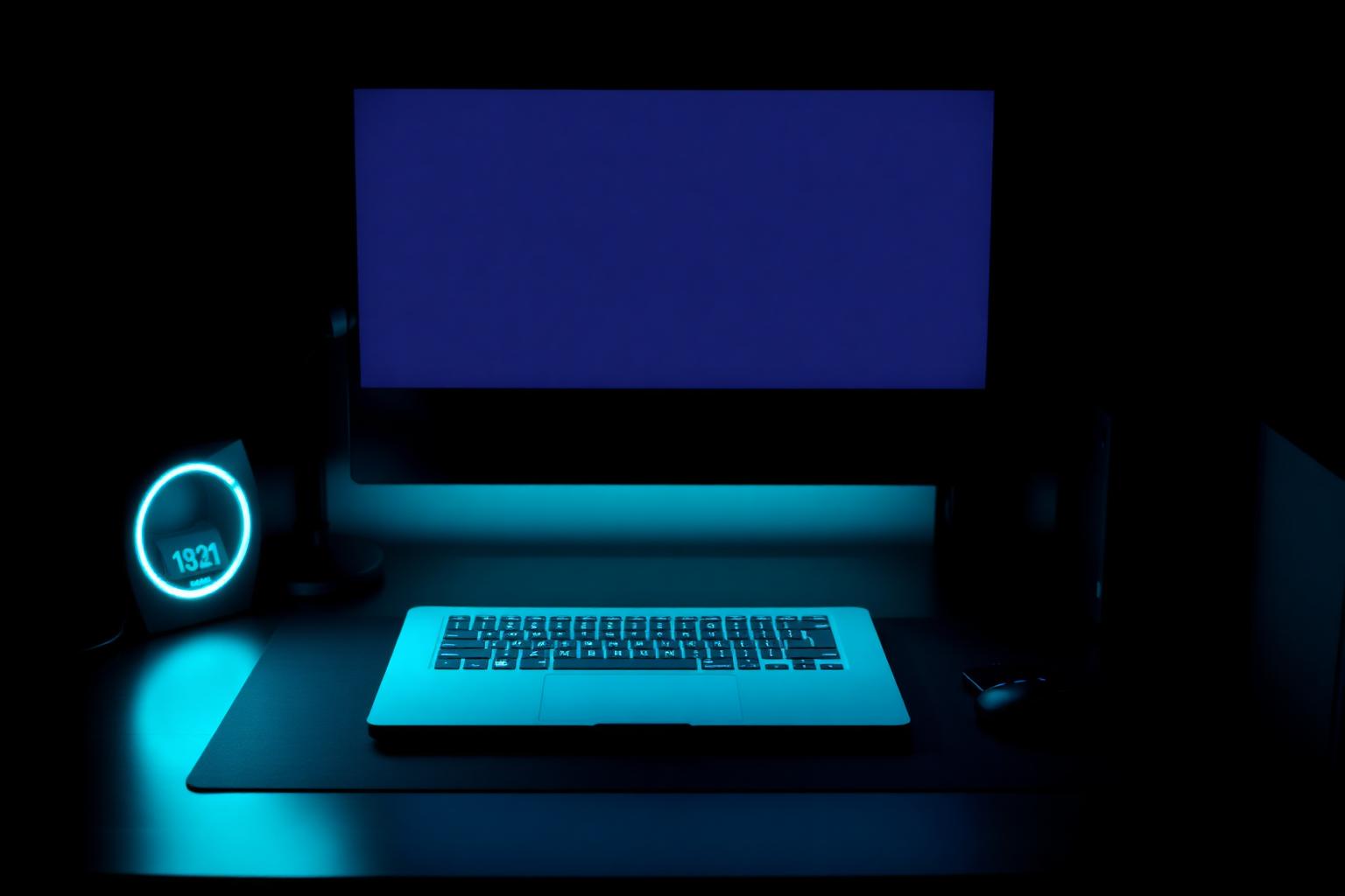 New laptop on a dark desk with a monitor and cyan accent lighting, representing proper first-day setup and enrolment