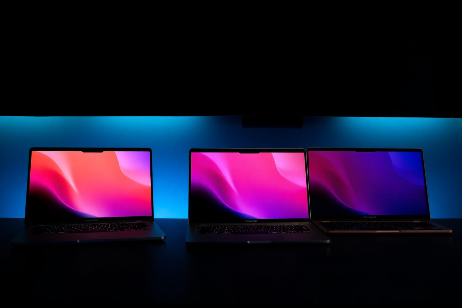 Three modern business laptops arranged on a dark desk with blue backlight, representing hardware choice for a small team