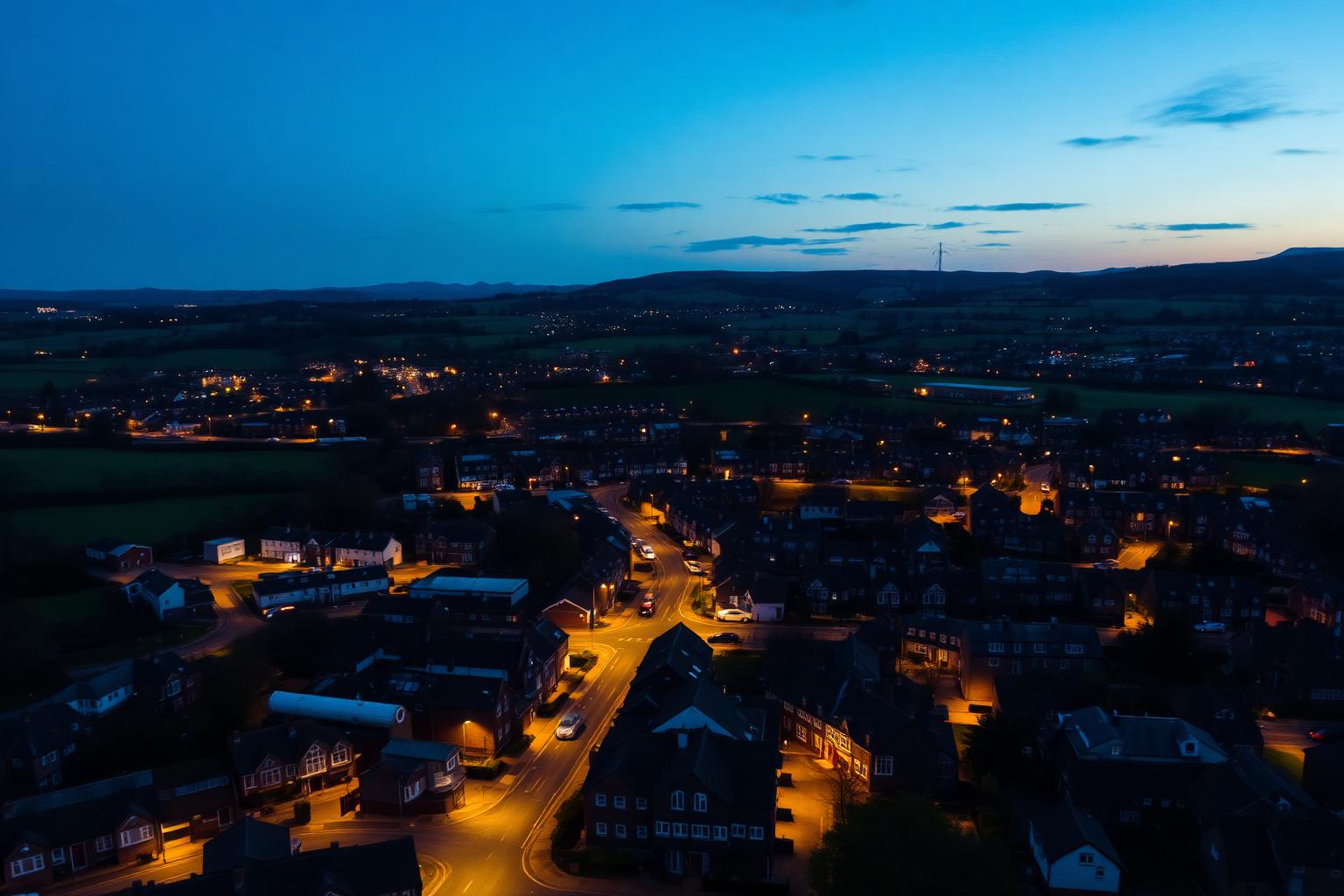 North West England town at dusk, Live IT provides IT support in Leigh and surrounding Greater Manchester