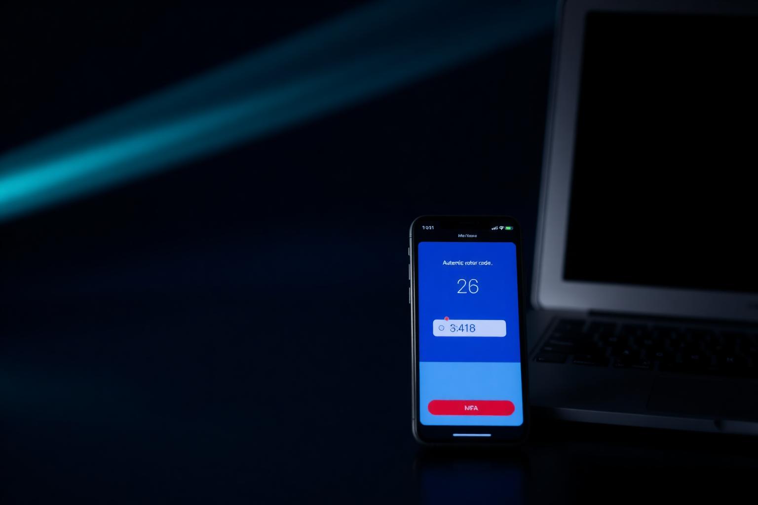 Smartphone showing an authenticator app code beside a laptop in a dark blue lit setting, illustrating multi-factor authentication