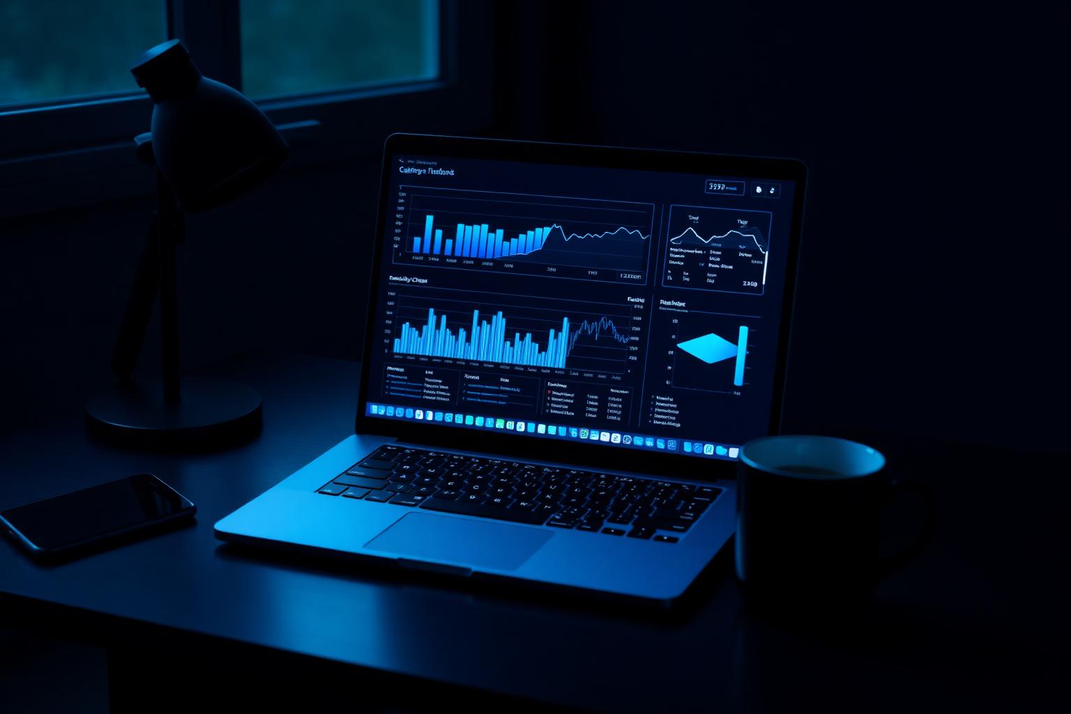 Laptop showing a blue analytics dashboard on a dark desk, representing a monthly IT support report for a small business