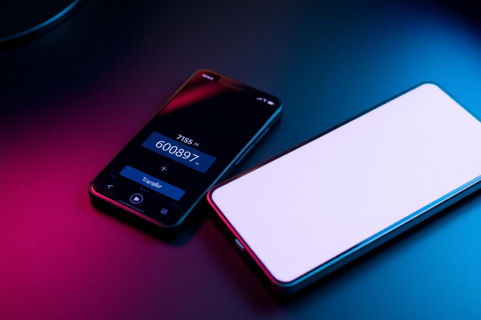 Two smartphones side by side on a dark desk, one showing an authenticator app code and an arrow indicating transfer to the new phone