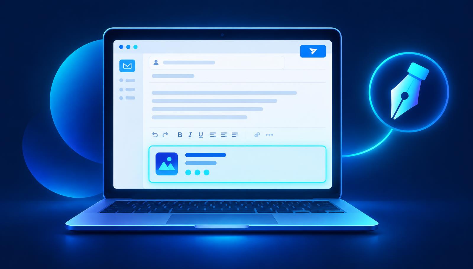 A laptop showing an email being written with a highlighted signature block at the bottom, lit in blue