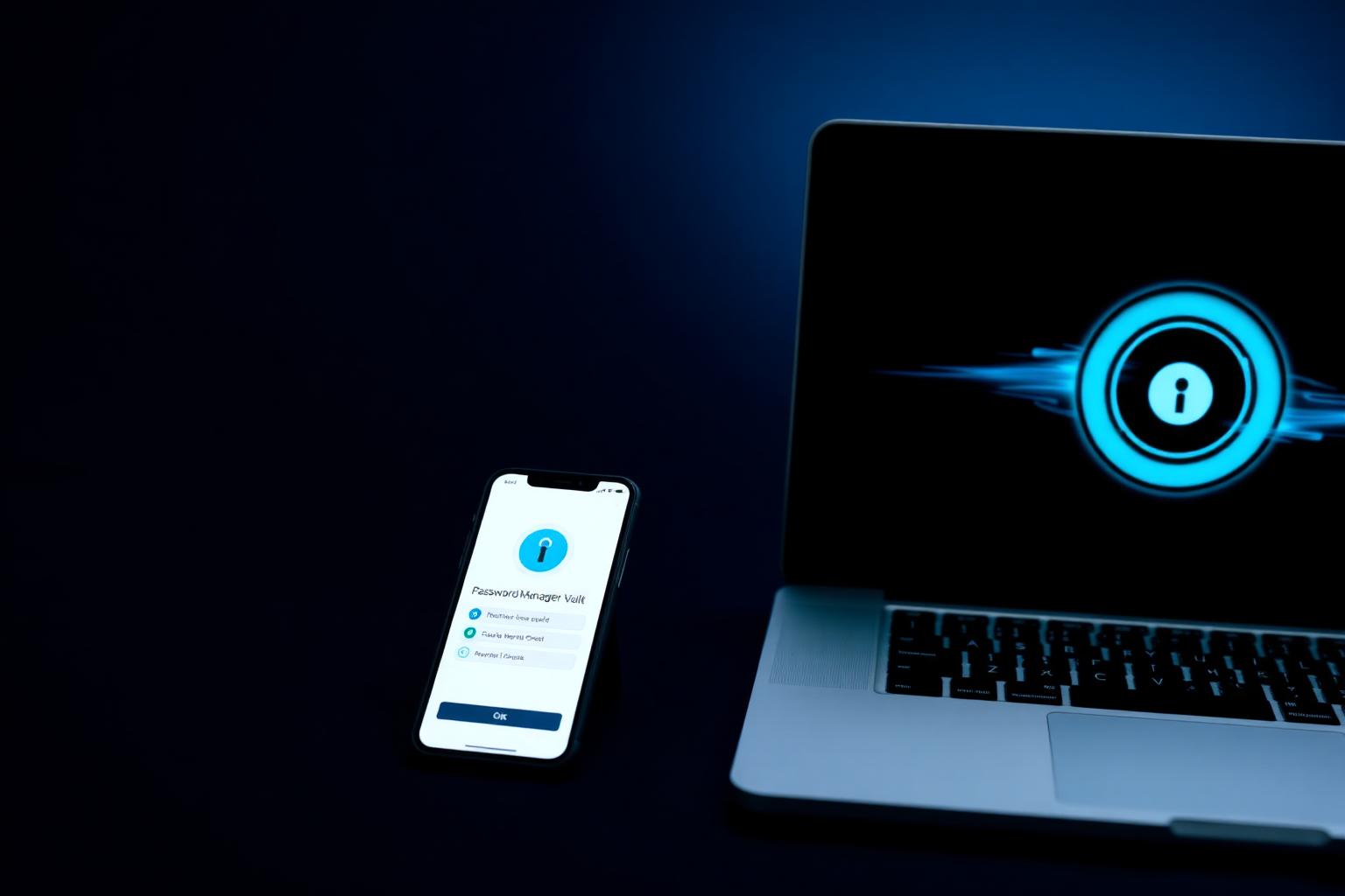 Smartphone showing a password manager vault beside a laptop with a padlock icon, representing team password management