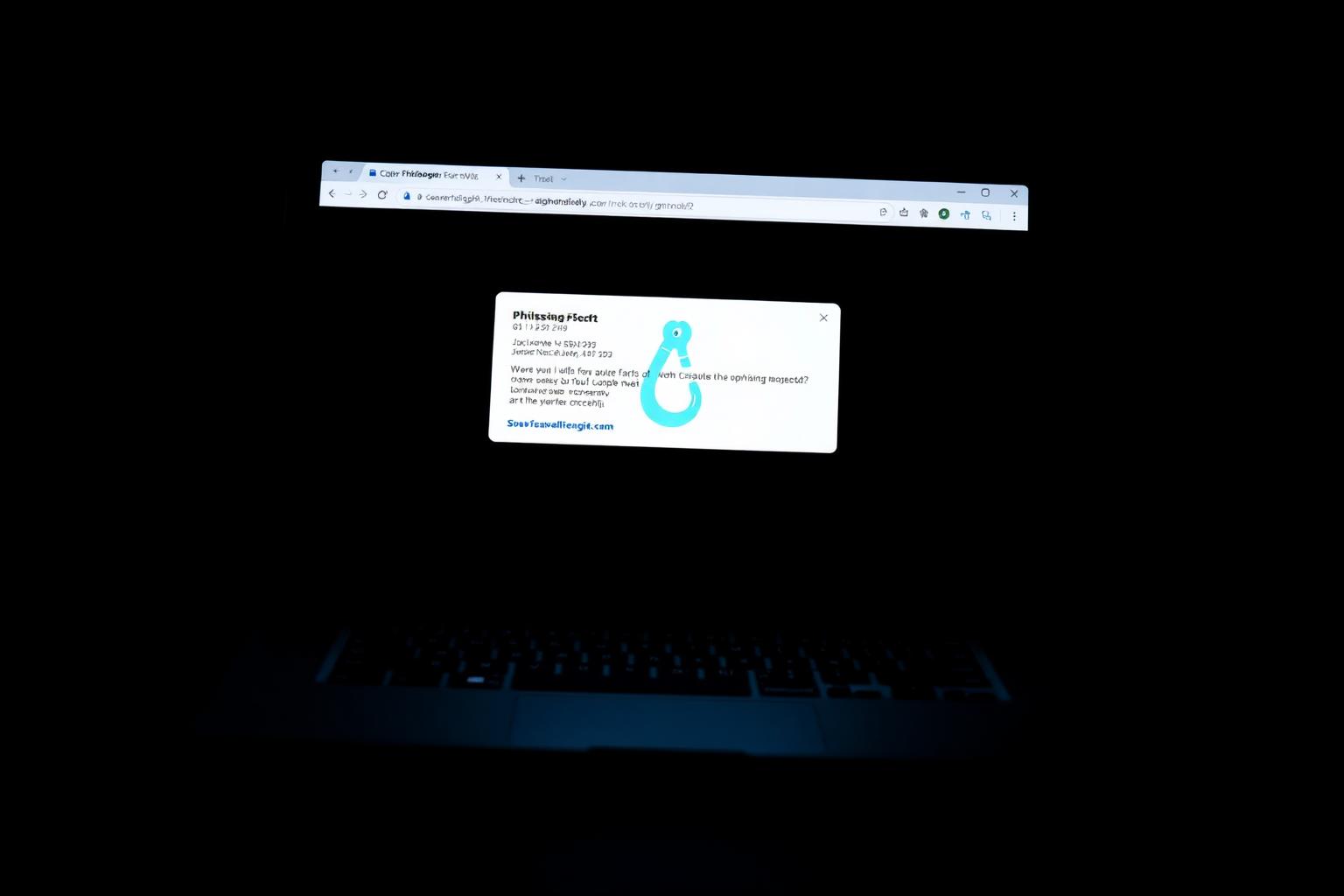 Suspicious email displayed on a dark laptop screen with a fishhook motif, illustrating phishing awareness for staff