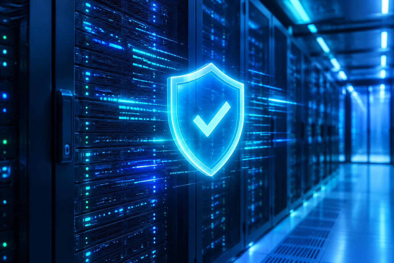 A server room lit in blue with a glowing shield and tick, representing websites hosted by Live IT patched against the php2shell PHP vulnerabilities
