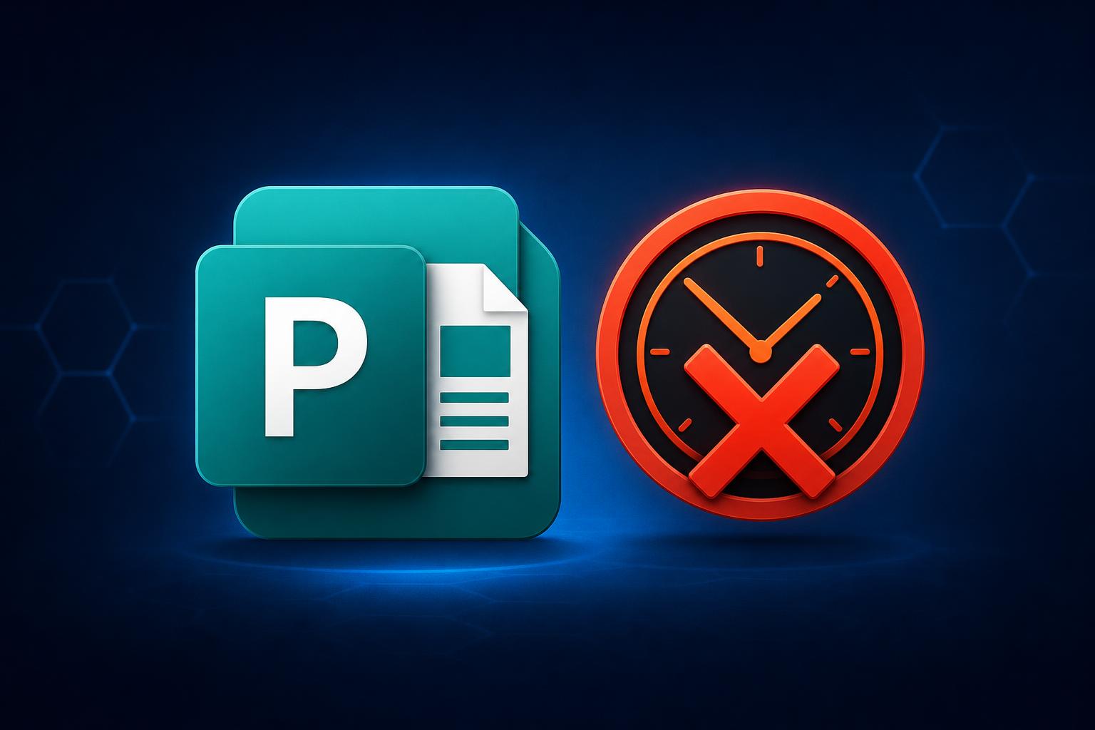 Microsoft Publisher app icon next to a red end of life warning clock icon on a dark blue background, marking the retirement of Publisher in Microsoft 365