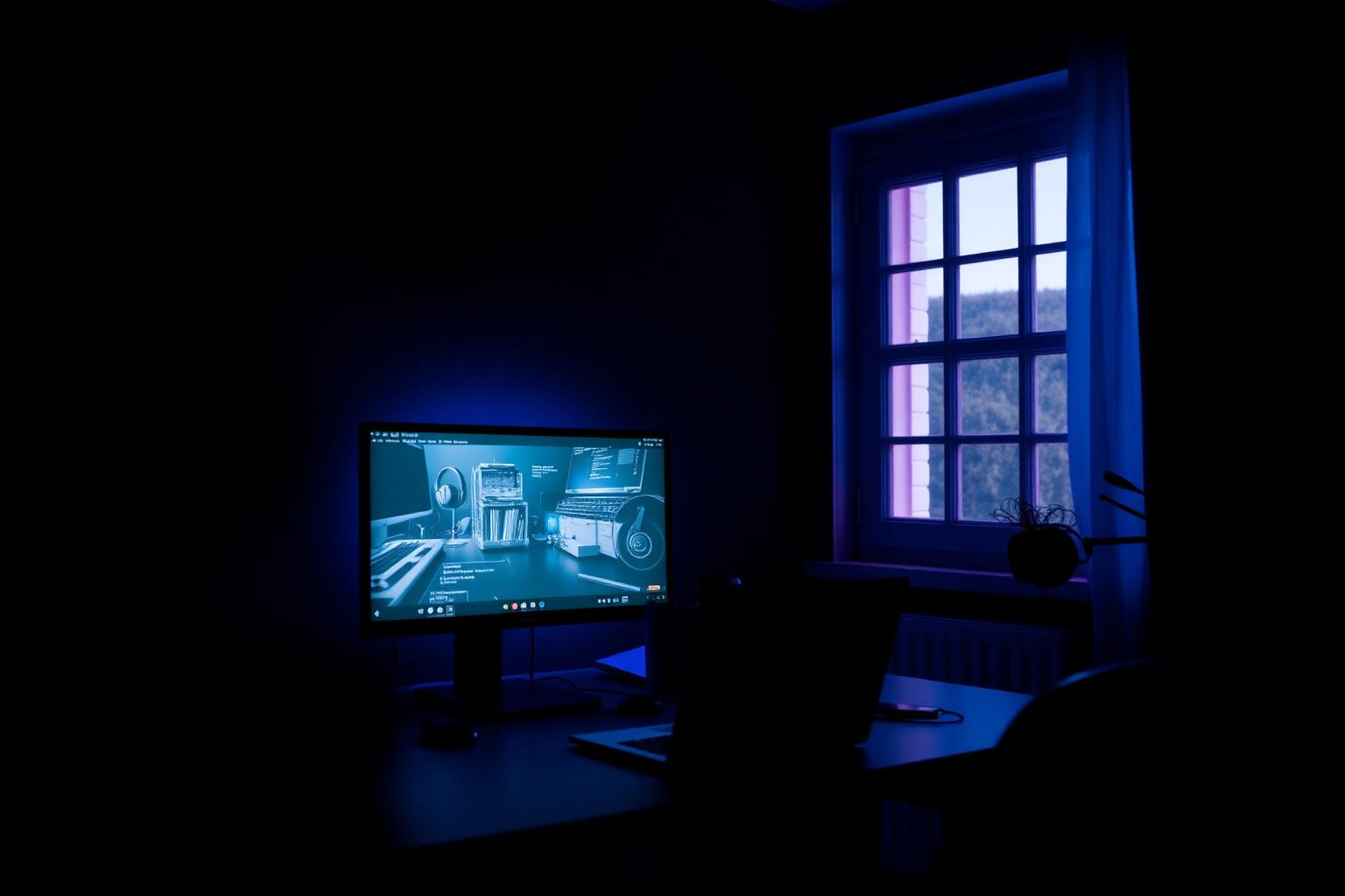 Home office desk with a monitor lit in blue beside a window, illustrating secure and productive remote working for small teams