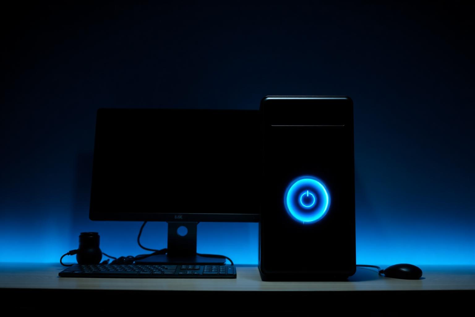 Desktop computer tower with a glowing blue power button on a dark desk, illustrating device uptime and restart alerts