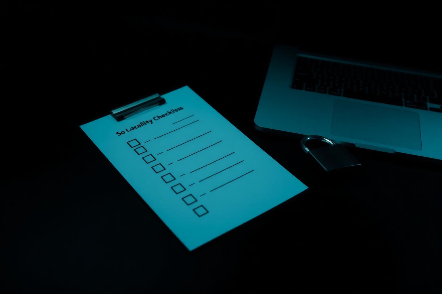 Clipboard checklist and padlock beside a laptop on a dark desk, representing a small business IT security checklist