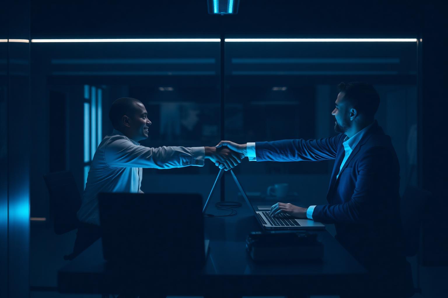 Two professionals shaking hands over a desk with laptops in blue lighting, representing an IT support partnership