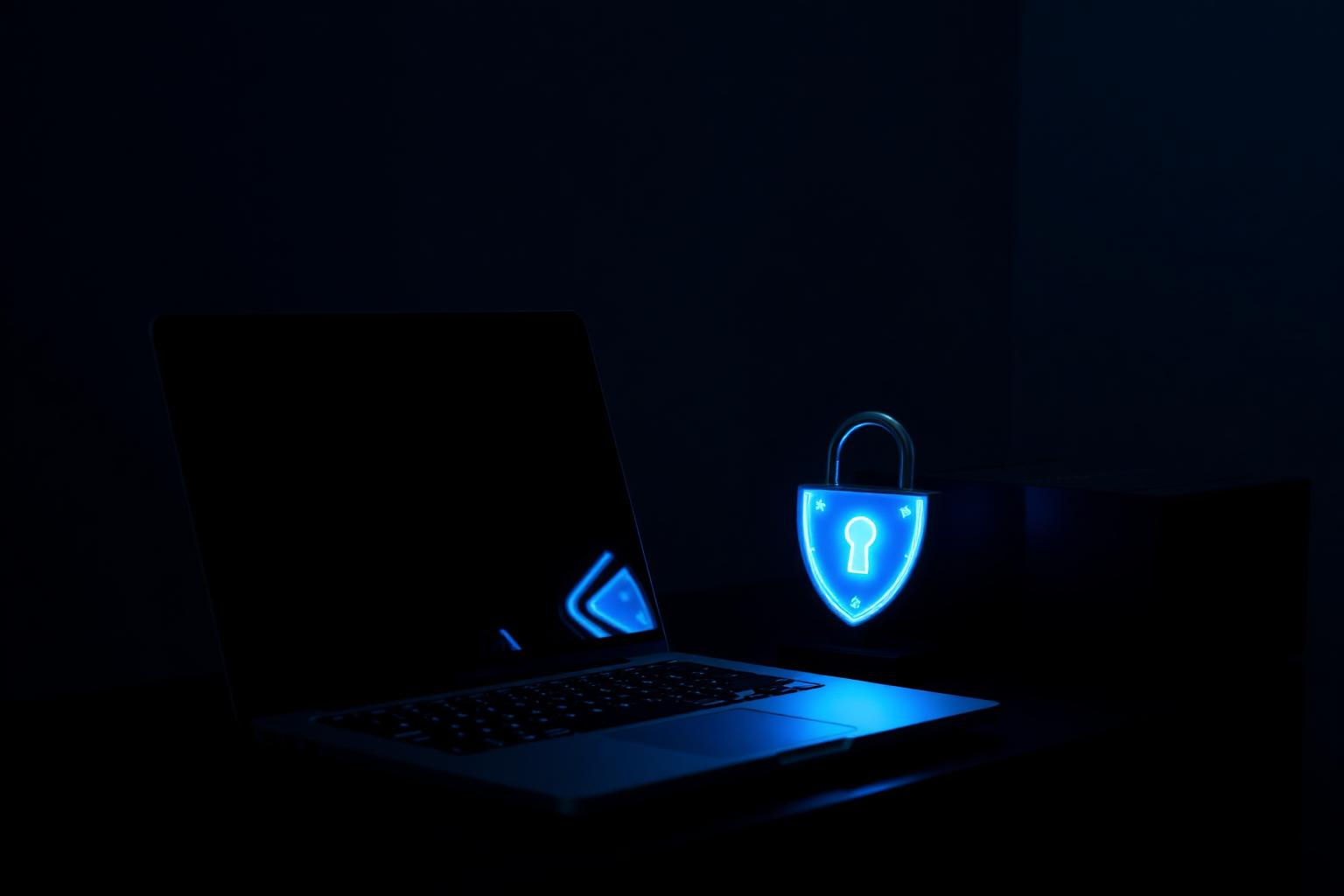 Laptop on a dark desk beside a glowing blue padlock and shield, representing an antivirus threat quarantined on a device