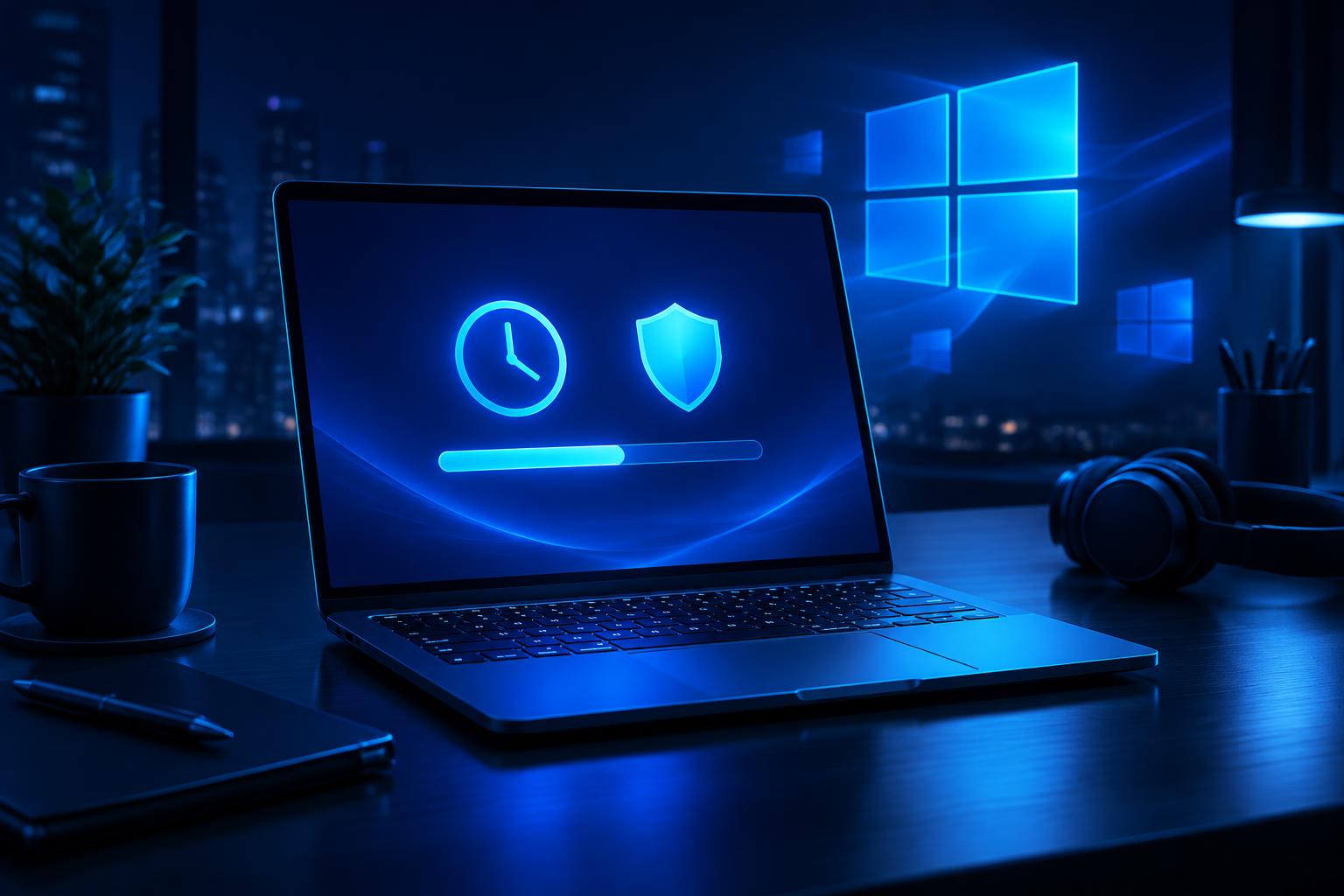 A laptop at night showing a Windows style update progress screen with a clock and shield, representing the move to Windows 11 25H2 before October 2026