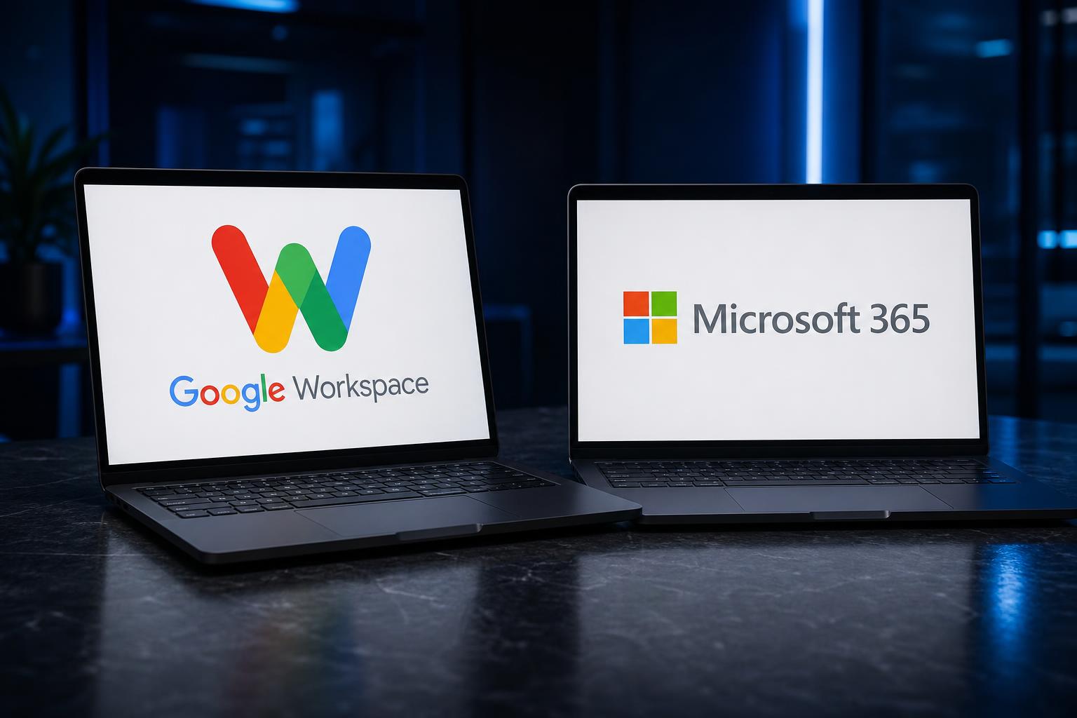 Two laptops side by side on a dark desk, representing a Google Workspace and Microsoft 365 comparison for small UK charities